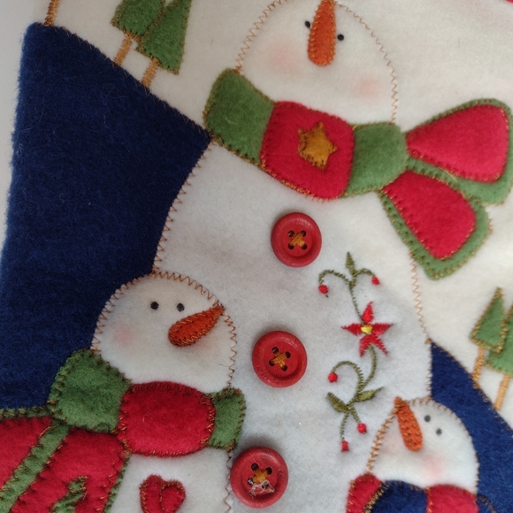 Vintage Christmas / Holiday Stocking Decoration in Red with Snowman Family - Picture 2 of 3
